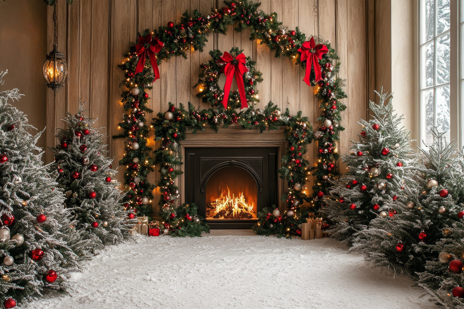 Toile de fond de Noël Cheminée Arche Arbres Enneigés BRP11-218