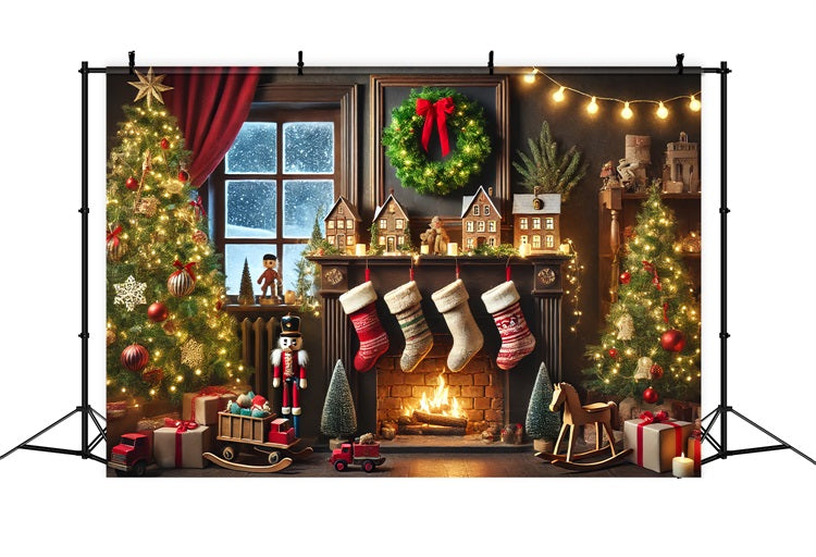 Toile de fond de Noël Cheminée Casse-Noisette Bas Festifs BRP11-223