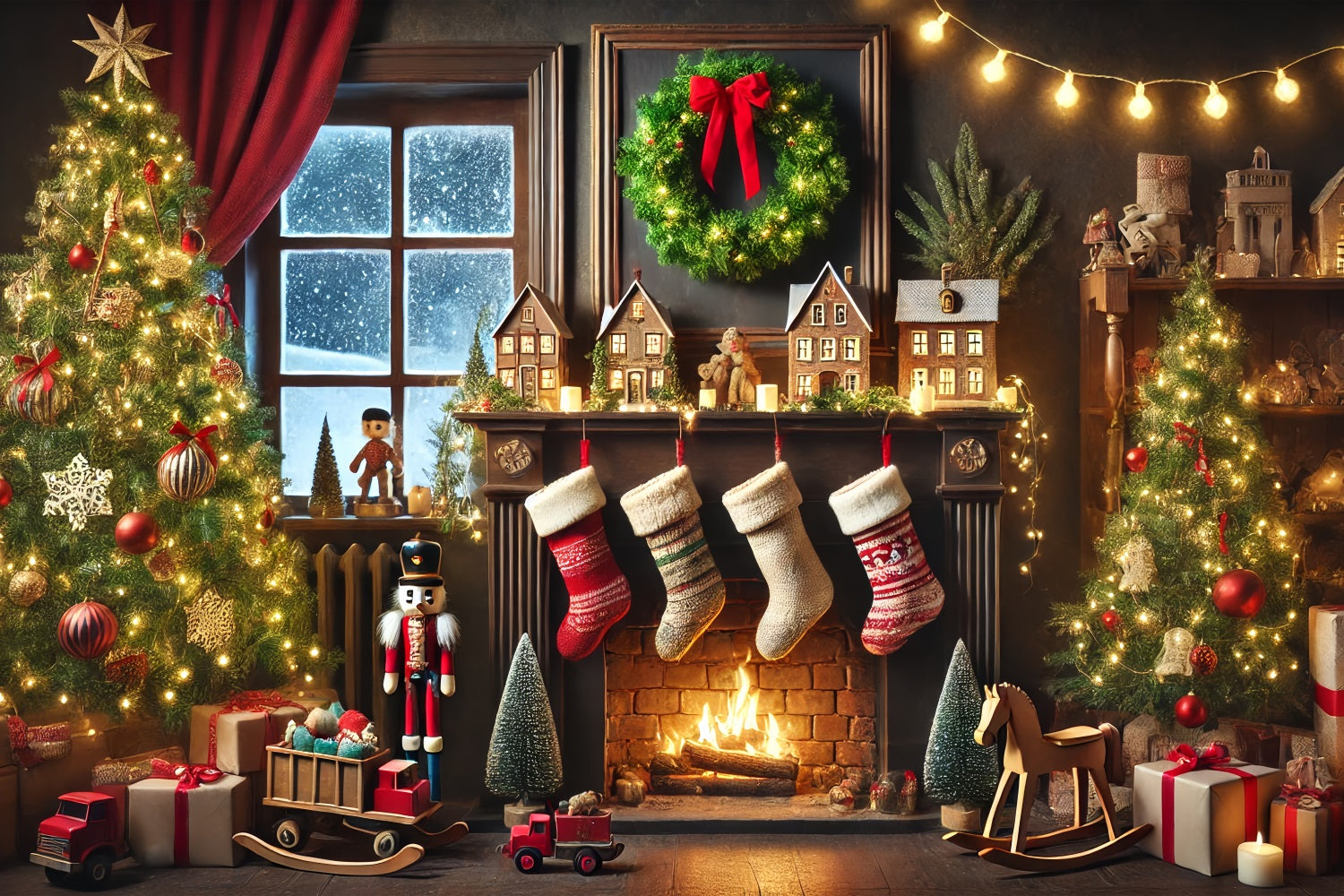 Toile de fond de Noël Cheminée Casse-Noisette Bas Festifs BRP11-223