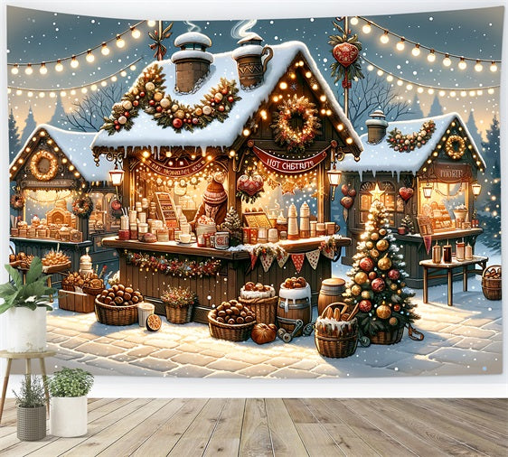 Toile de fond de Noël Village Marché Enneigé BRP11-225