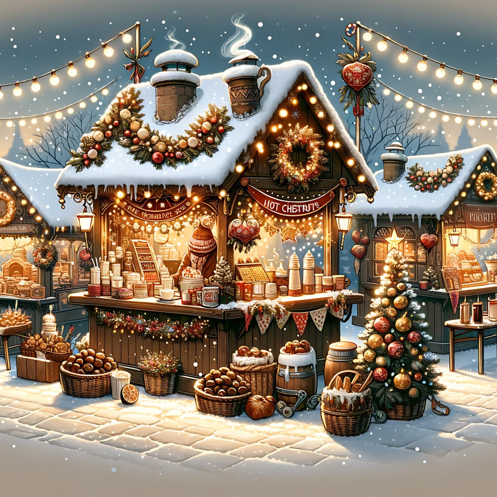 Toile de fond de Noël Village Marché Enneigé BRP11-225