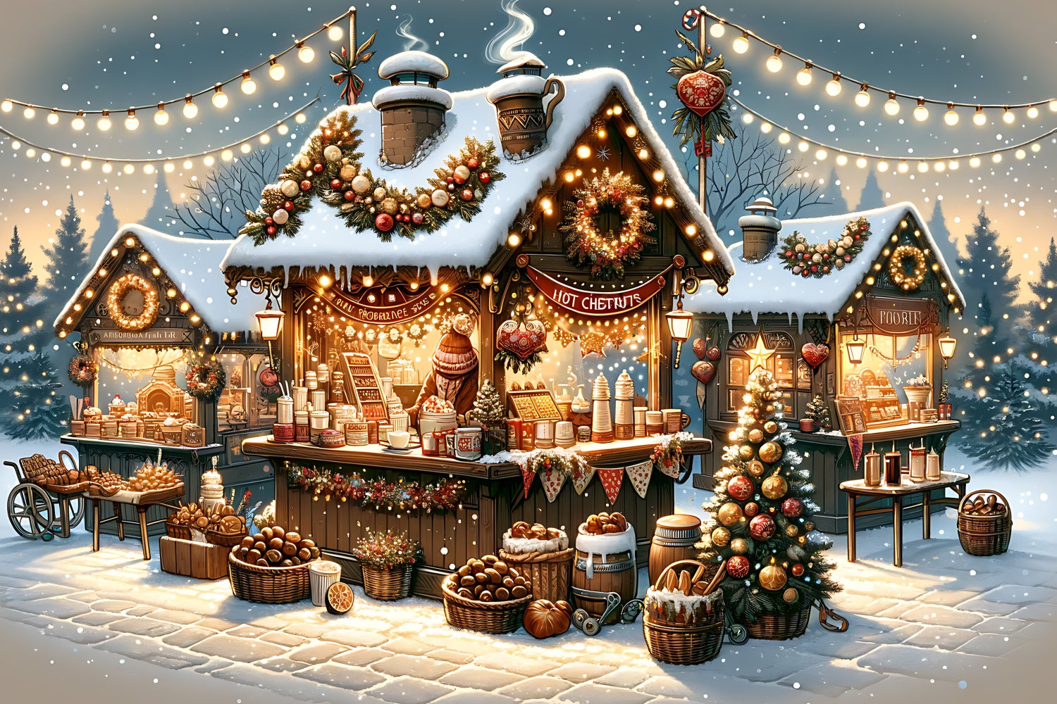 Toile de fond de Noël Village Marché Enneigé BRP11-225