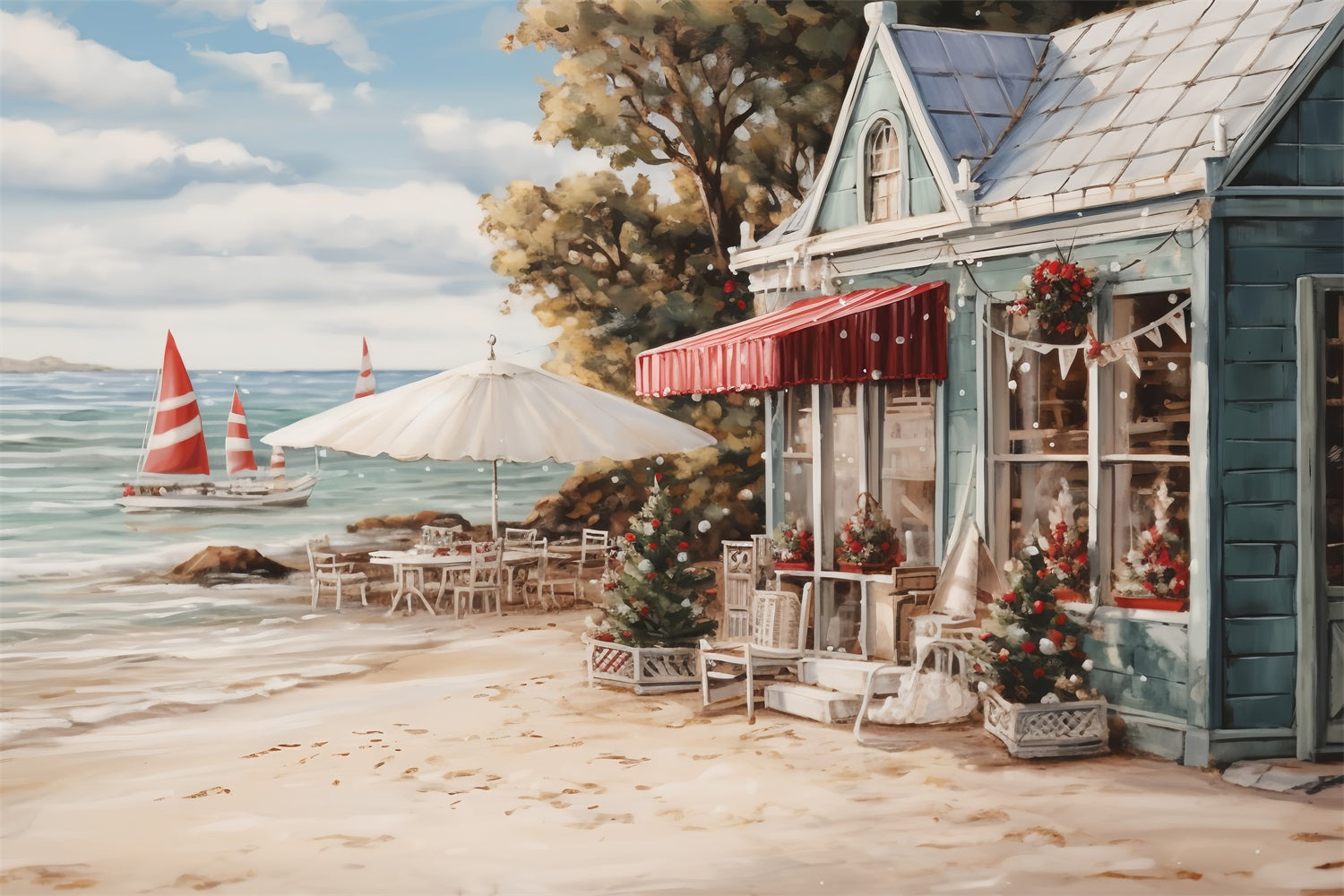 Toile de fond de Noël Banc Café Décor BRP11-232