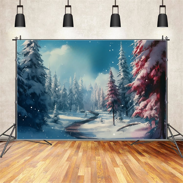 Toile de fond Hiver Chemin Forêt Enneigée Arbres Roses BRP11-265