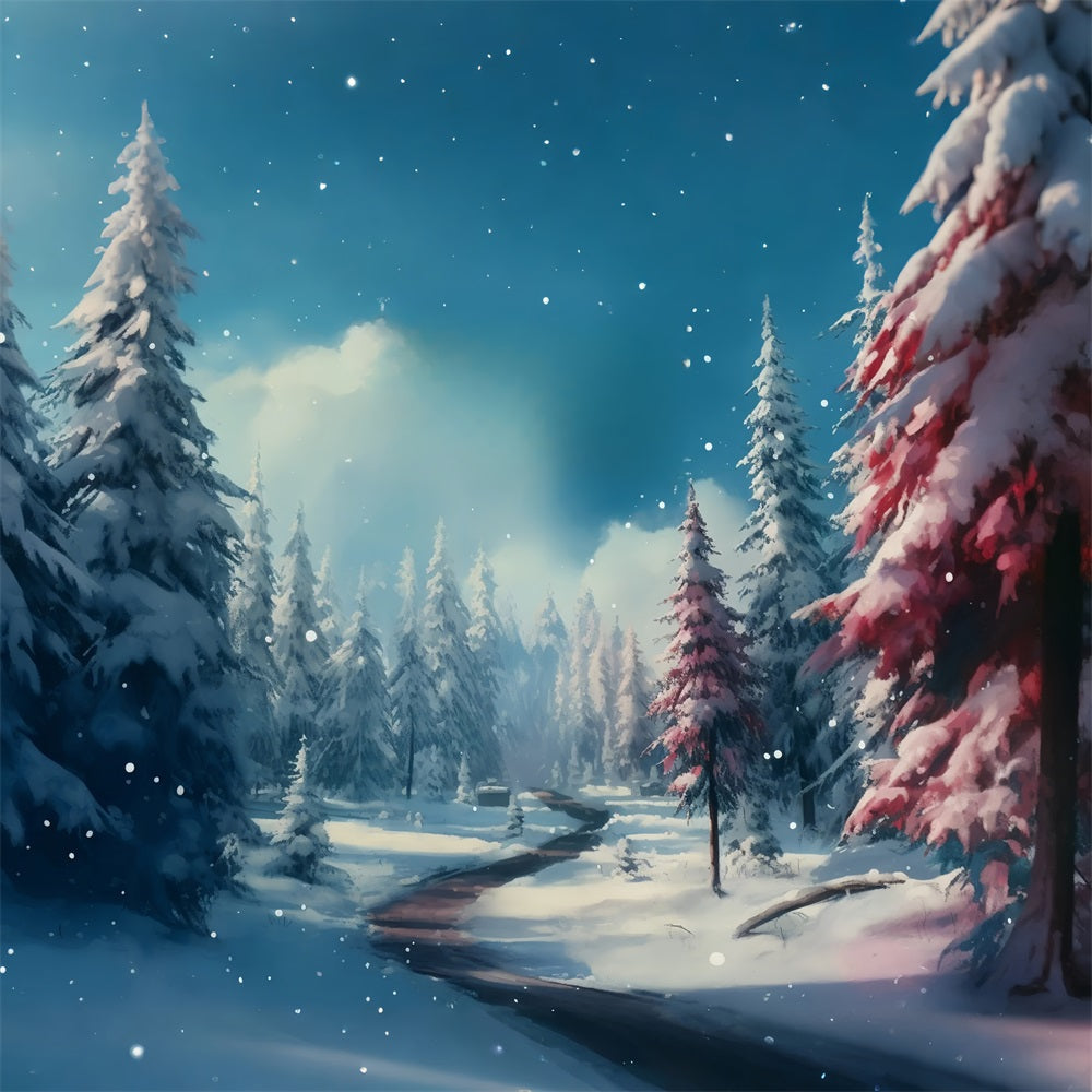 Toile de fond Hiver Chemin Forêt Enneigée Arbres Roses BRP11-265