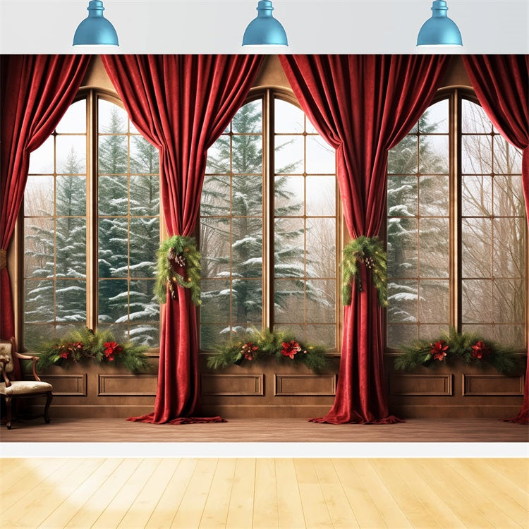 Toile de fond Hiver Rideaux Rouges Forêt Enneigée BRP11-270