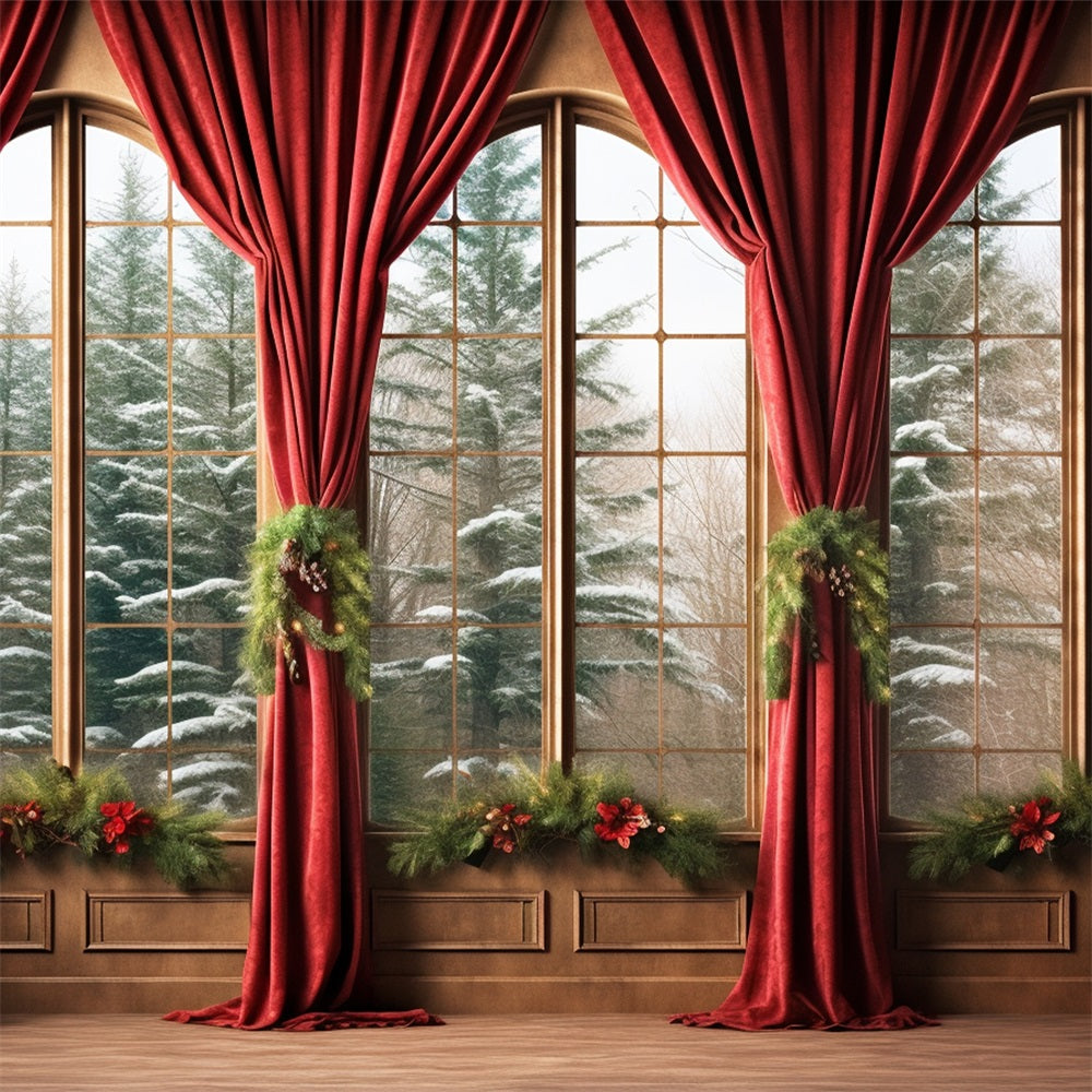 Toile de fond Hiver Rideaux Rouges Forêt Enneigée BRP11-270