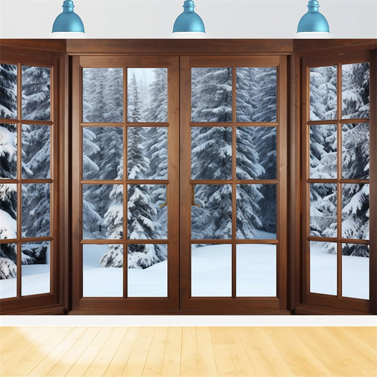 Toile de fond Hiver Bois Fenêtres Encadrées Pins Enneigés BRP11-274