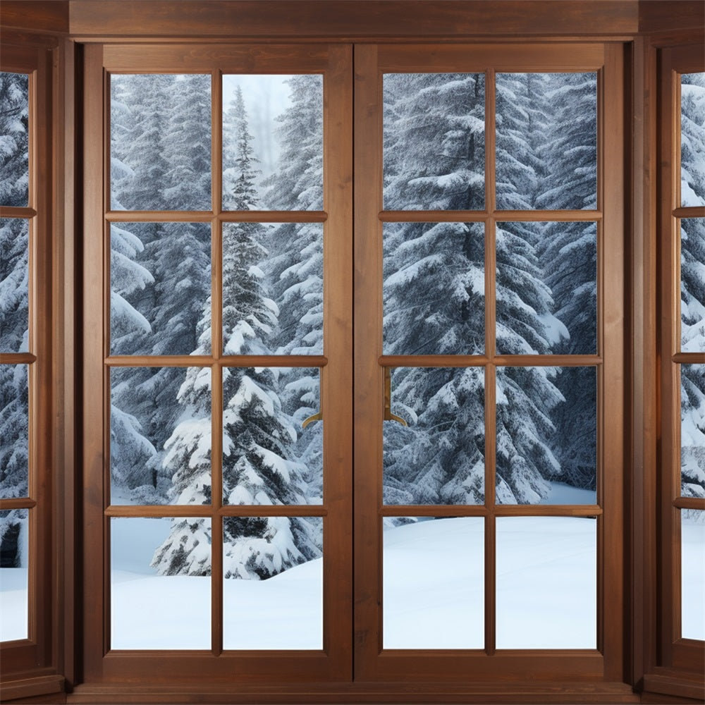Toile de fond Hiver Bois Fenêtres Encadrées Pins Enneigés BRP11-274