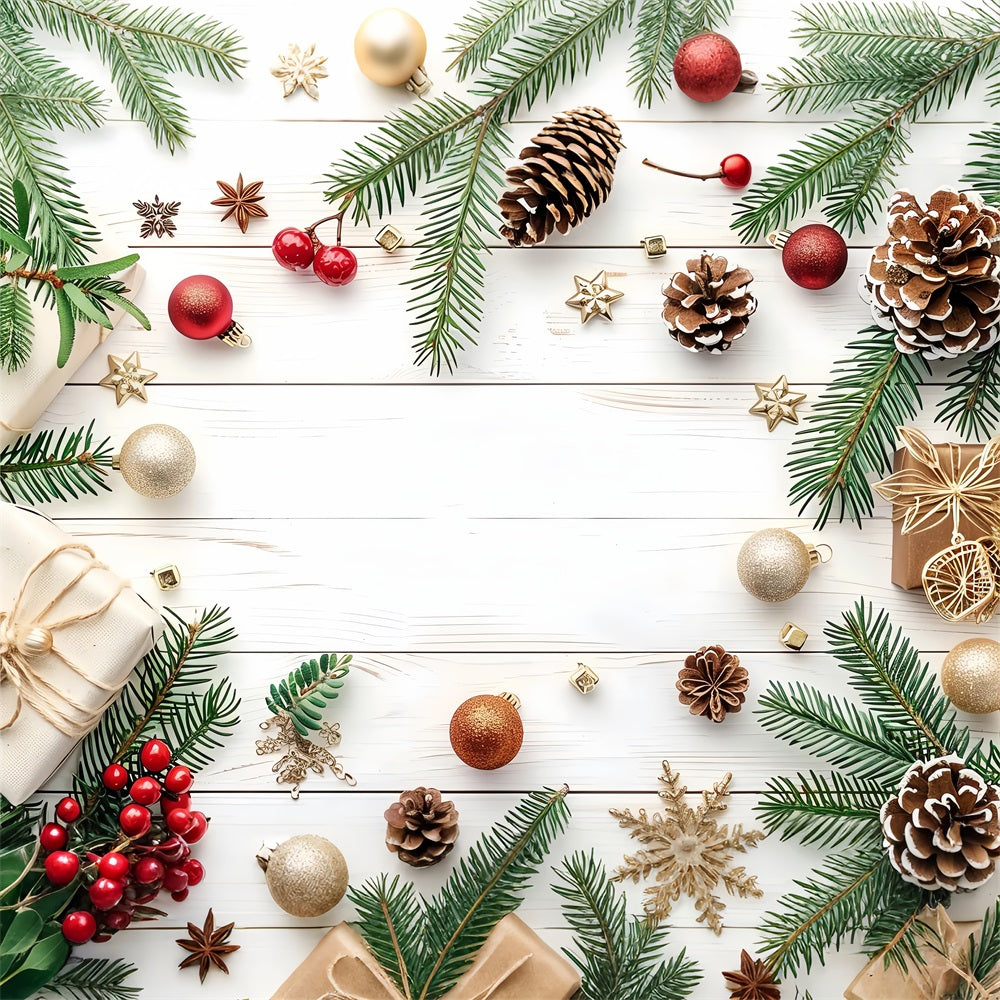 Toile de fond Hiver Ornements Rouges Dorés Pommes de Pin Photographie BRP11-466