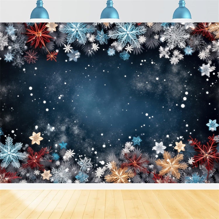 Toile de fond Hiver Flocons de Neige Multicolores Ciel Étoilé Sombre BRP11-467