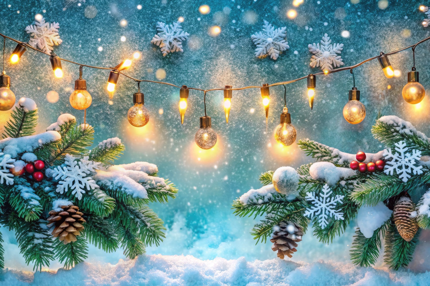 Toile de fond Hiver Scène Pommes de Pin Givrées Guirlandes Lumineuses BRP11-481
