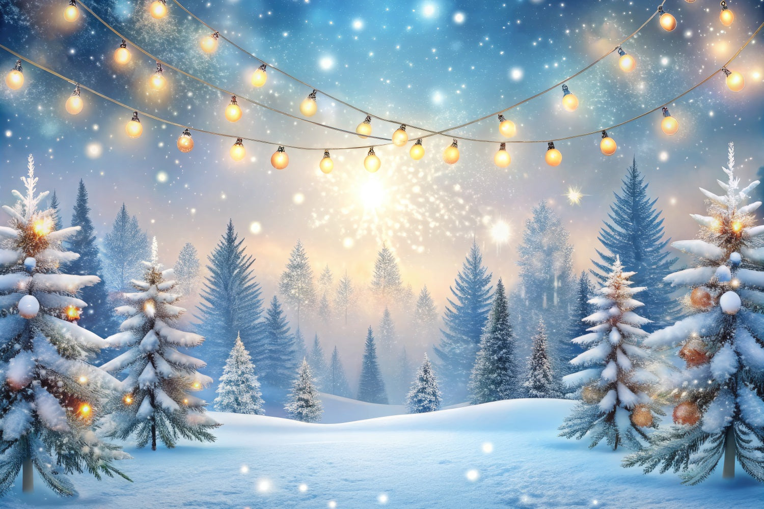 Toile de fond Hiver Forêt Lumières Étincelantes Arbres Givrés BRP11-483