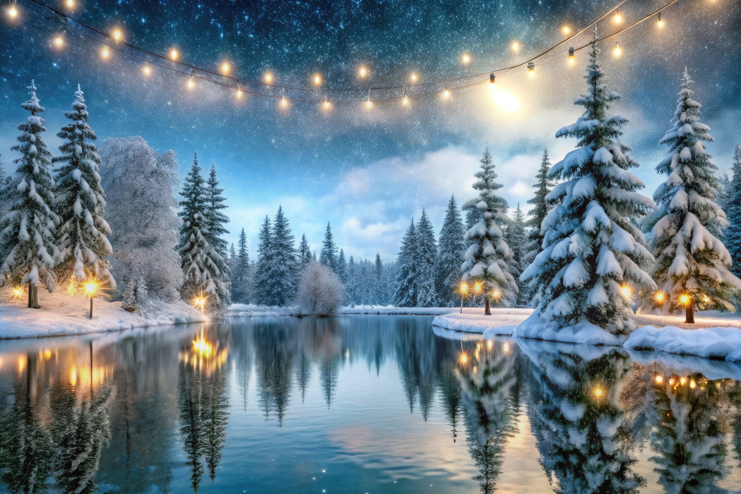 Toile de fond Hiver Forêt Lueur Dorée Lac Gelé BRP11-484