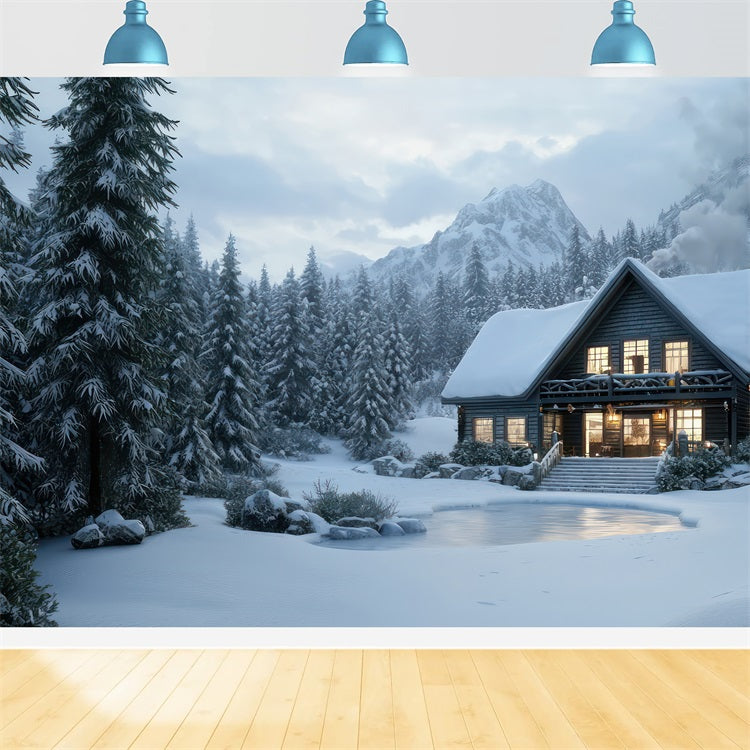 Toile de fond Hiver Chalet en Rondins Forêt Enneigée BRP11-489