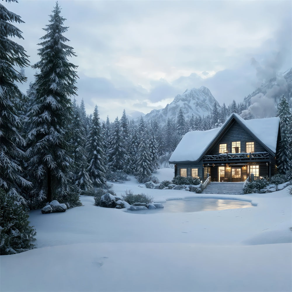 Toile de fond Hiver Chalet en Rondins Forêt Enneigée BRP11-489