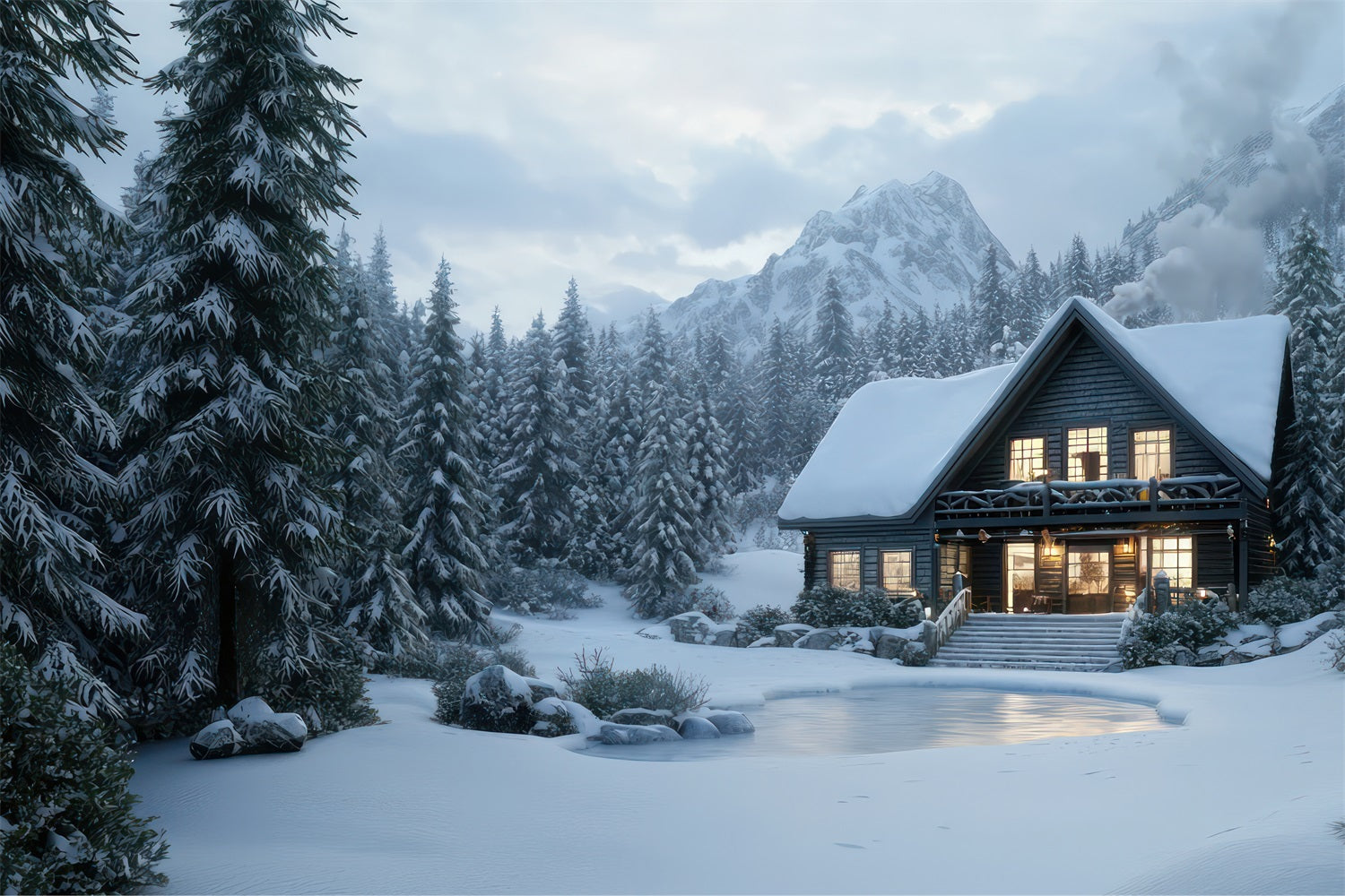 Toile de fond Hiver Chalet en Rondins Forêt Enneigée BRP11-489