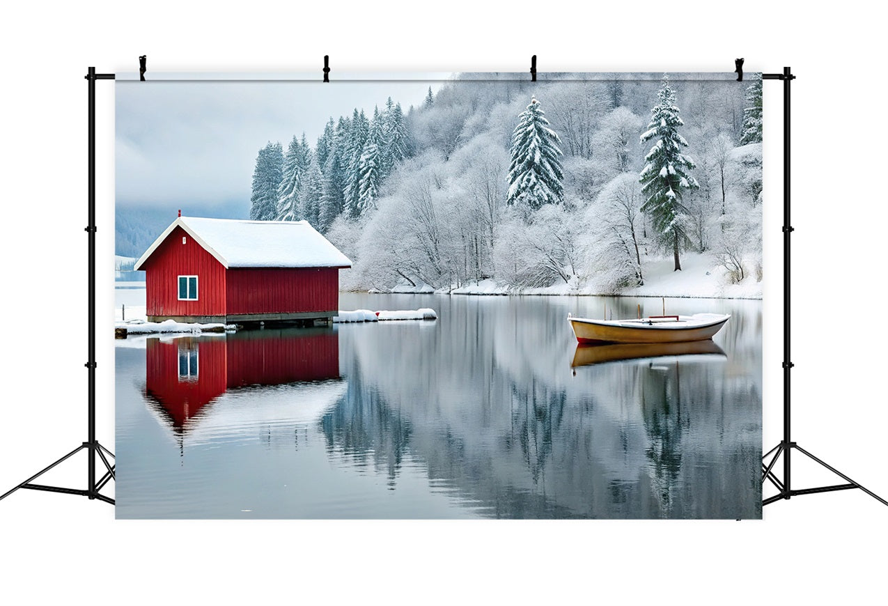 Toile de fond Hiver Merveille Cabane Rouge Lac Gelé BRP11-493