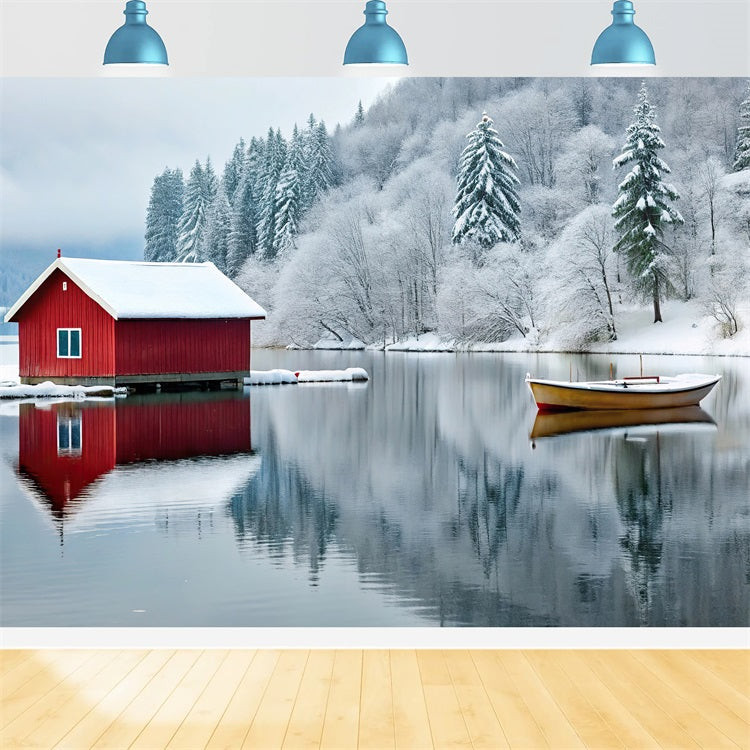 Toile de fond Hiver Merveille Cabane Rouge Lac Gelé BRP11-493