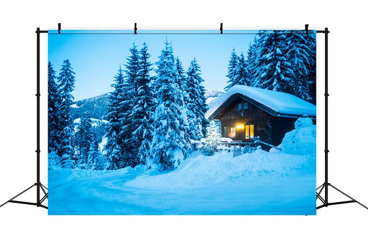 Toile de fond Hiver Scène Chalet Forêt de Sapins Enneigés BRP11-494