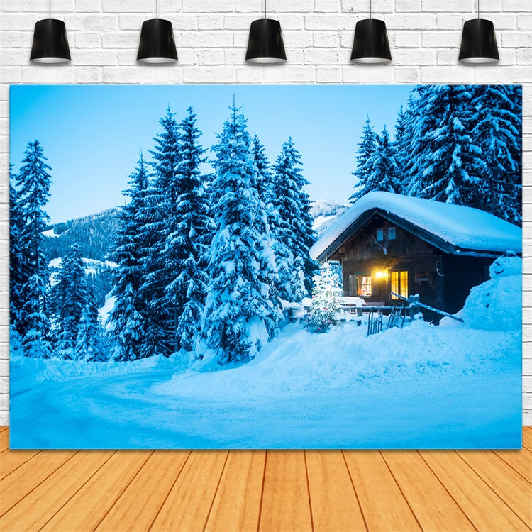 Toile de fond Hiver Scène Chalet Forêt de Sapins Enneigés BRP11-494