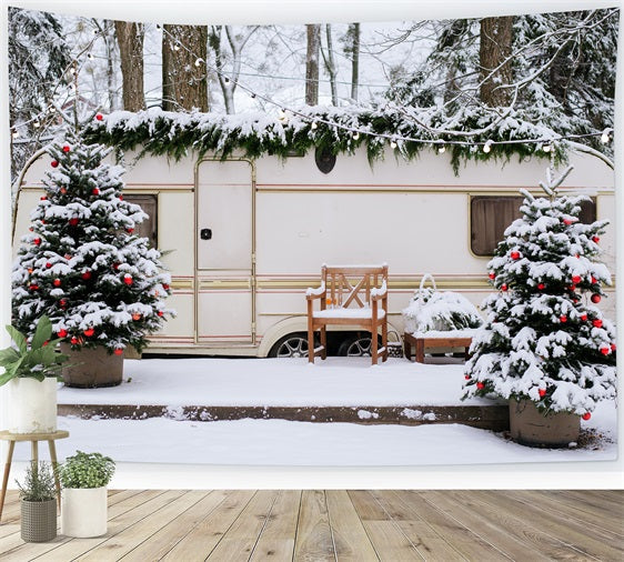 Toile de fond Hiver Idées Noël en Camping Forêt Enneigée BRP11-495