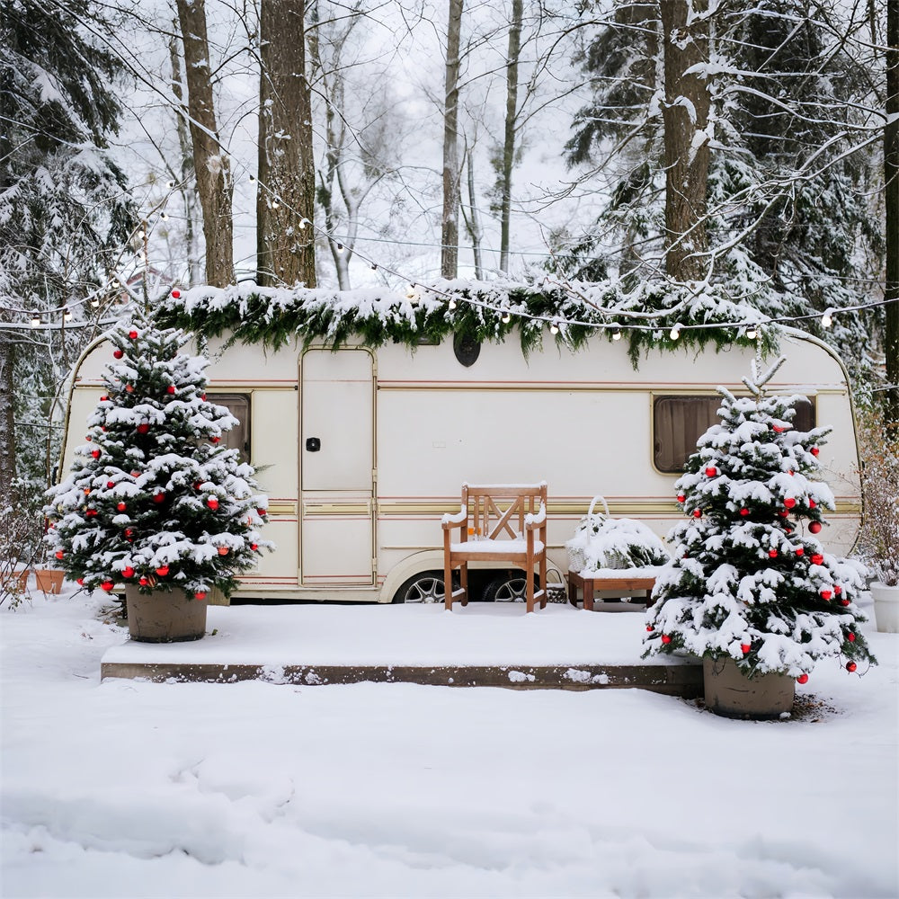 Toile de fond Hiver Idées Noël en Camping Forêt Enneigée BRP11-495
