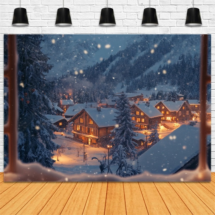 Toile de fond Hiver Photographie Village Étincelant Vue par Fenêtre BRP11-498
