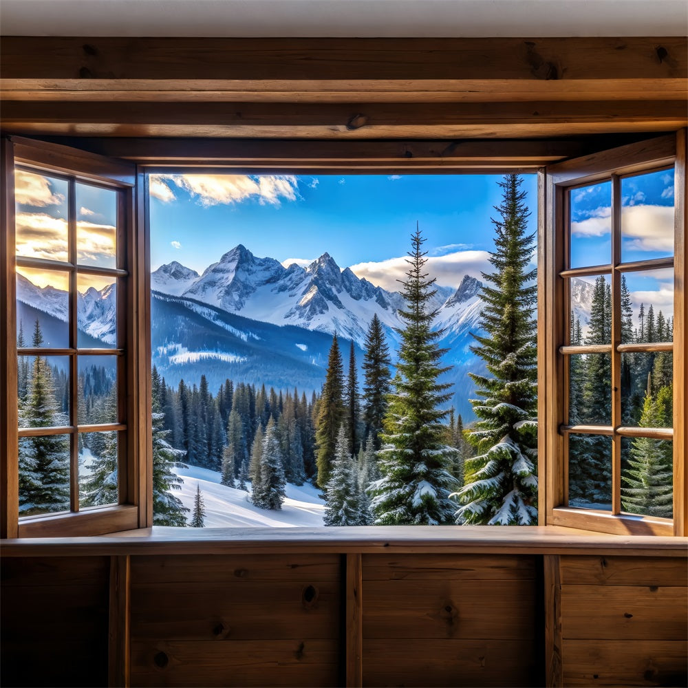 Toile de fond Hiver Pics Majestueux de Montagne Enneigée Fenêtre BRP11-499