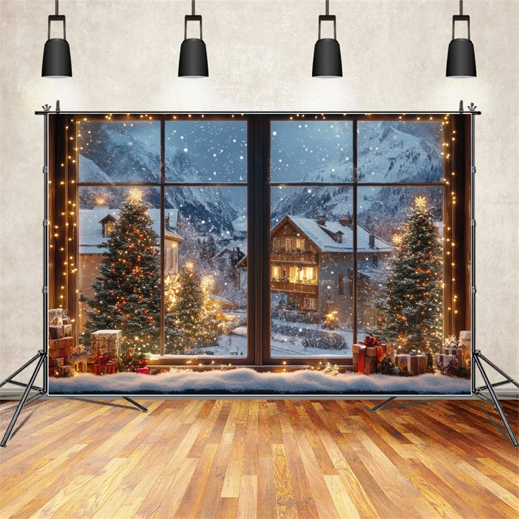 Toile de fond Hiver Village de Noël Lumières Vue par Fenêtre BRP11-500