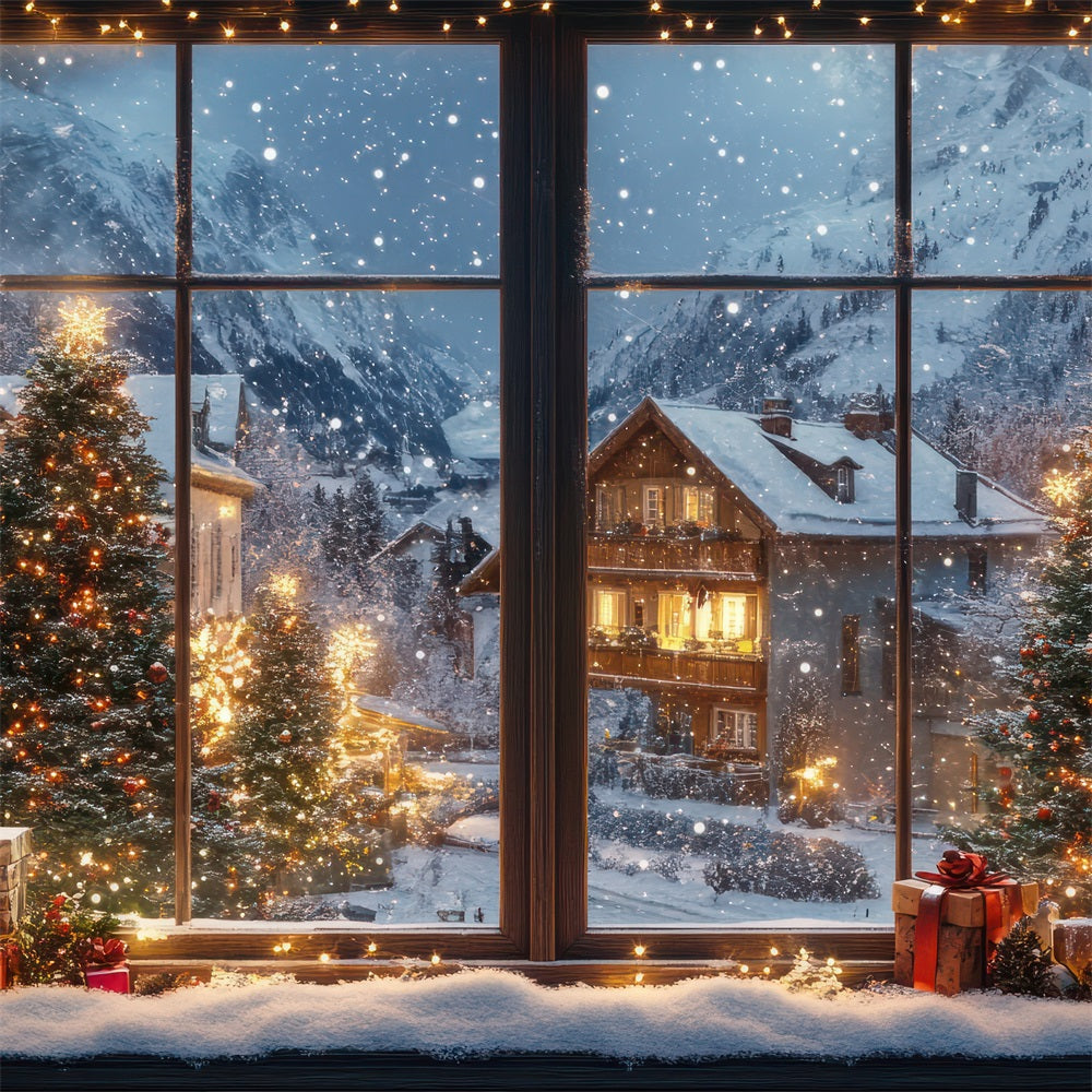 Toile de fond Hiver Village de Noël Lumières Vue par Fenêtre BRP11-500