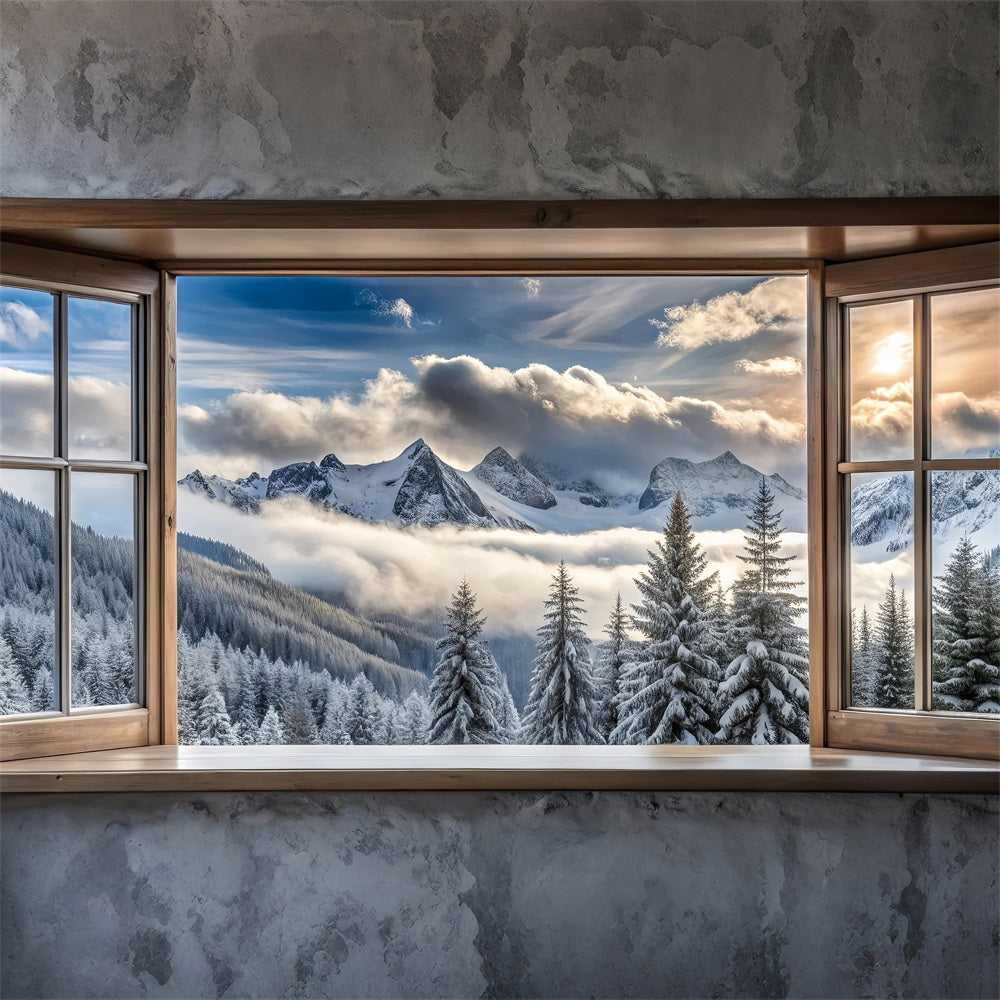 Toile de fond Hiver Photographie Majesté des Montagnes Vue Fenêtre BRP11-503