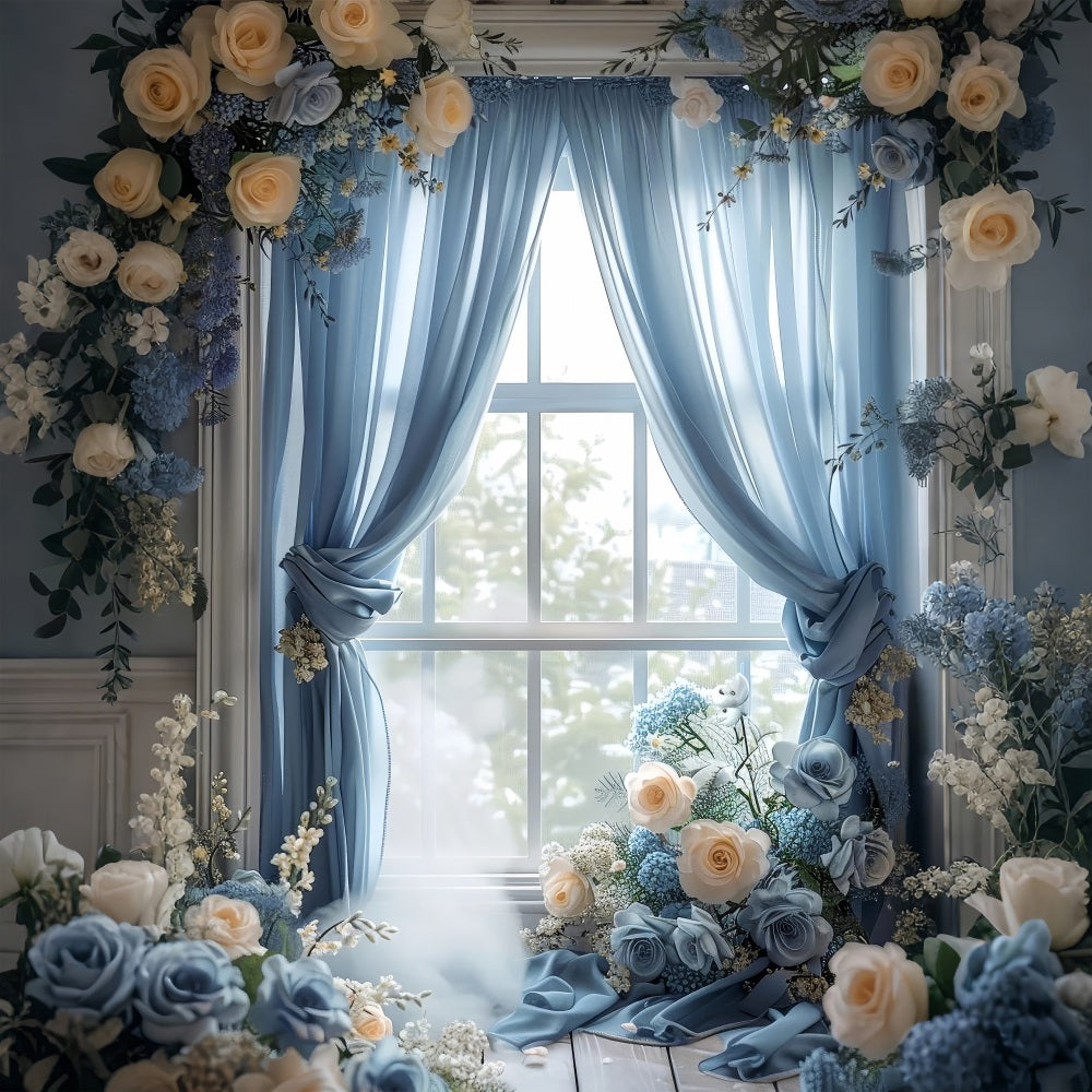 Toile de fond Printemps Rideau Bleu Fenêtre Rose BRP11-531
