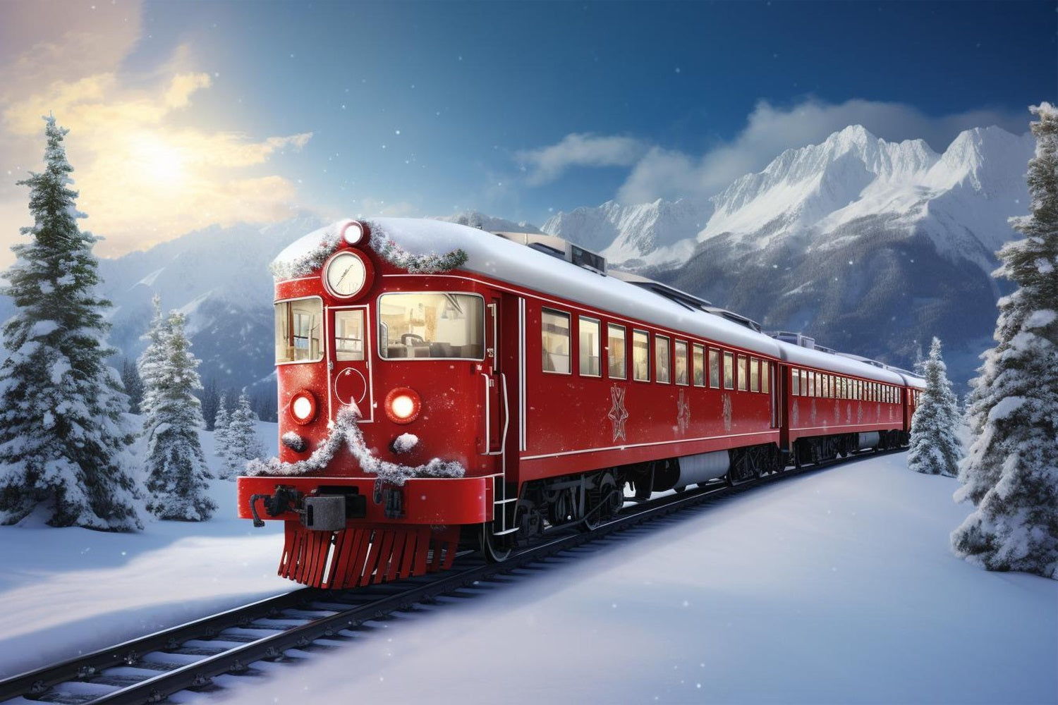 Toile de fond Hiver Train Rouge Montagnes Neige BRP11-59