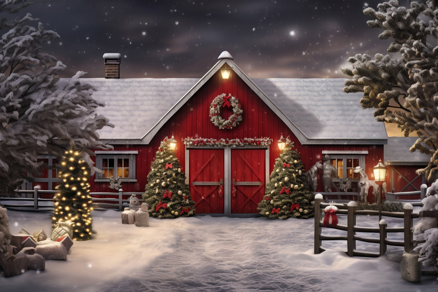 Toile De Fond Noël "Merry Christmas" 2,4x1,8 M - Scène De Forêt Enneigée Et Porte De Grange