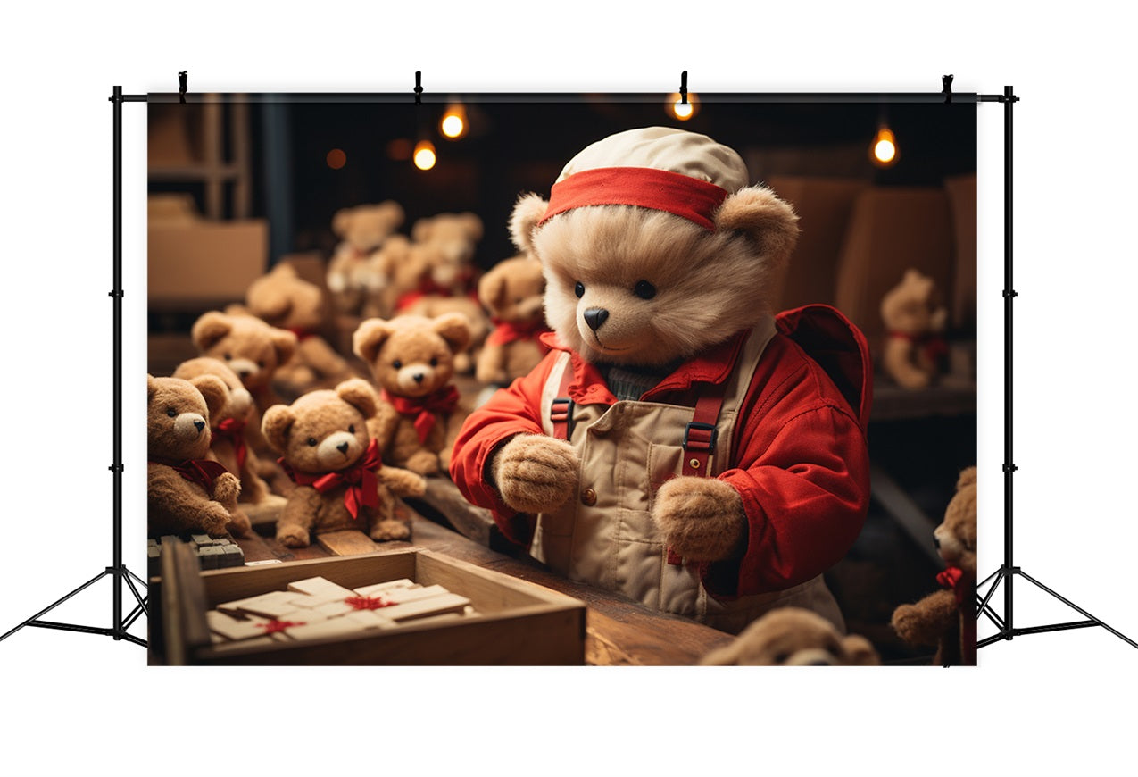 Toile De Fond Noël Atelier Du Père Noël Fabrique D'Ours Lutins BRP11-99