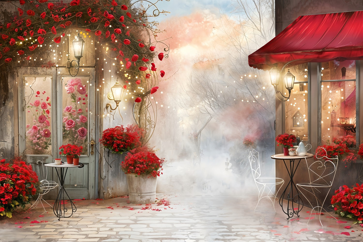Toile de fond Saint-Valentin Jardin Romantique Brumeux Café Saint-Valentin BRP12-234