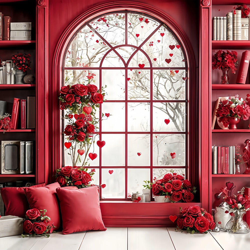Toile de fond Photographie Saint-Valentin Fenêtre Bibliothèque Thème Rouge Roses BRP12-242