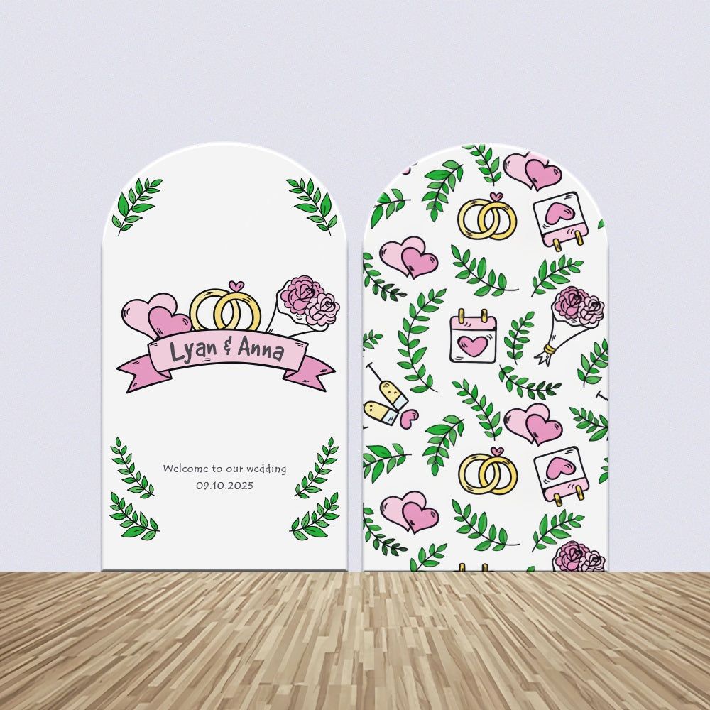 Set de Toile de fond Mariage Personnalisée Arche Anneaux Feuilles Vertes BRP12-322