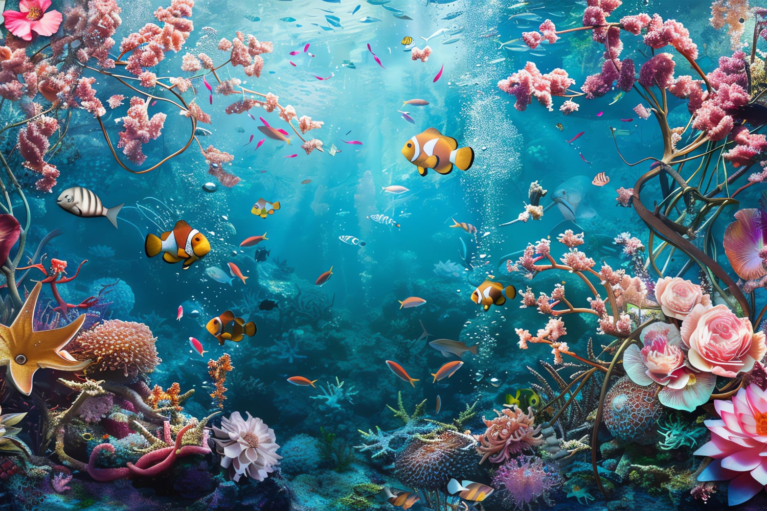 Toile de fond Sirène Récif de Corail Brillant Poissons Exotiques BRP12-63