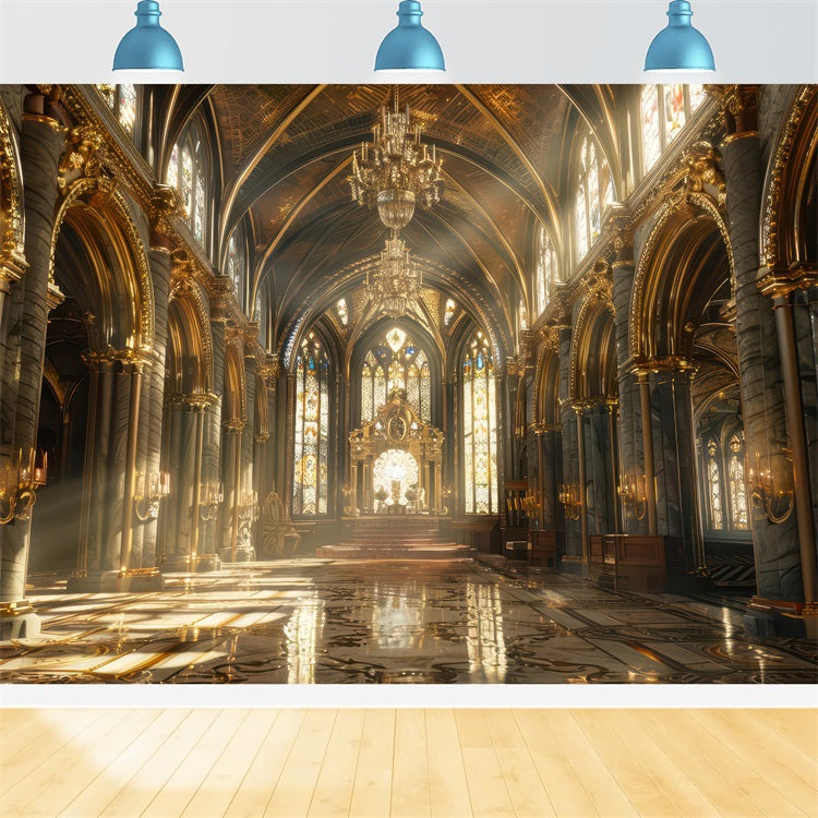 Toile de fond Architecture Cathédrale Gothique Arches Dorées BRP12-652