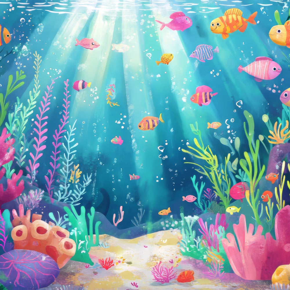 Toile de fond Petite Sirène Poissons Colorés Plantes Aquatiques BRP12-71