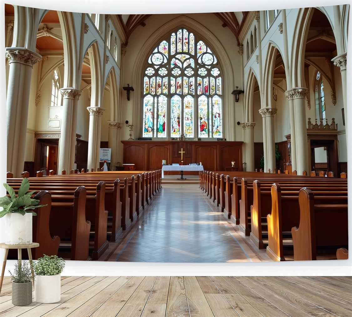 Toile de fond Église Rangées Bancs Vitraux Colorés BRP12-714