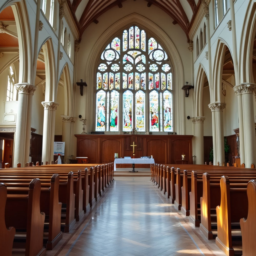Toile de fond Église Rangées Bancs Vitraux Colorés BRP12-714