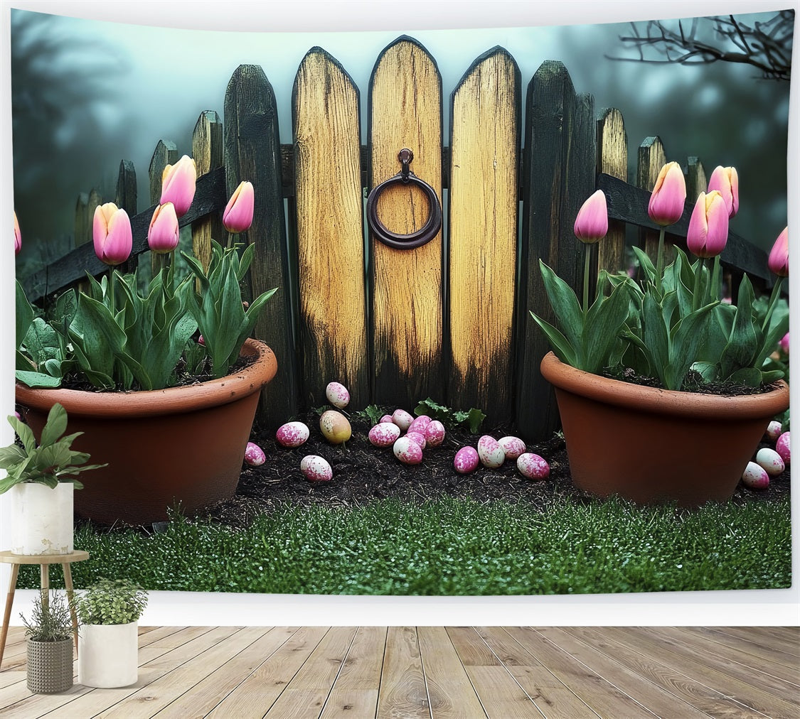 Toile de fond Pâques Clôture de Jardin Rustique Tulipes Roses BRP12-731