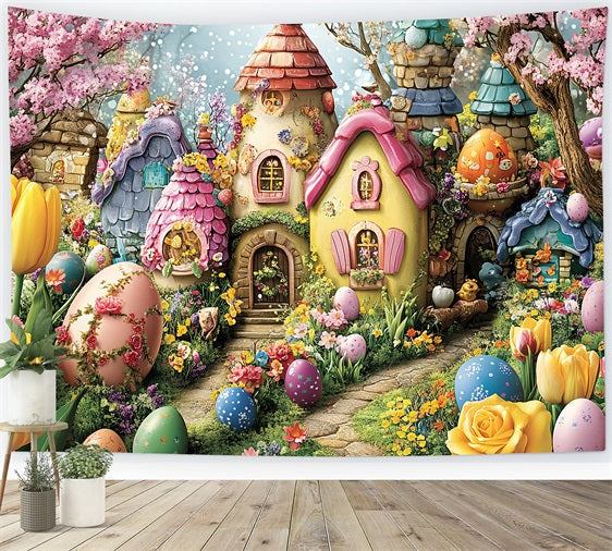 Toile de fond Pâques Œuf Coloré Village Conte de Fées BRP12-743