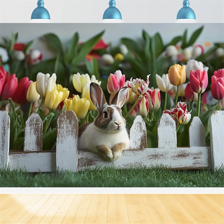 Toile de fond Déco Pâques Lapin Tulipes Clôture Rustique BRP12-757