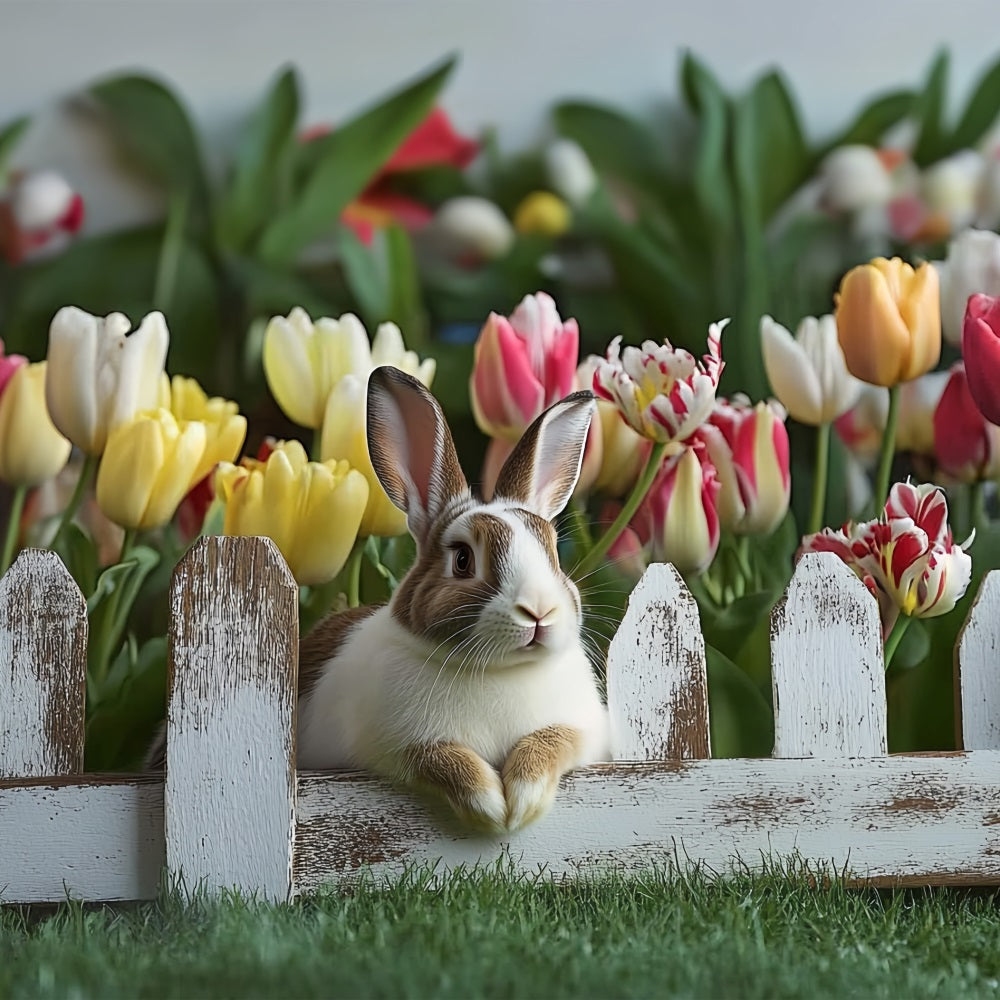 Toile de fond Déco Pâques Lapin Tulipes Clôture Rustique BRP12-757
