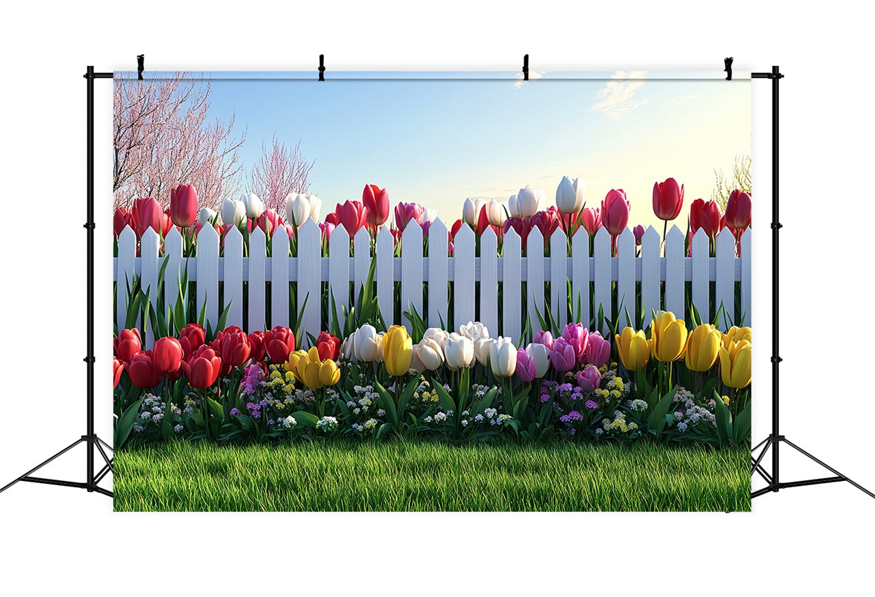 Toile de fond Pâques Clôture Blanche Jardin de Tulipes BRP12-758
