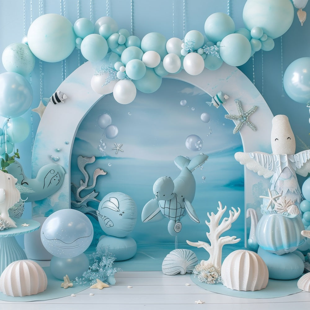 Toile de fond Sirène Anniversaire Créatures Océaniques Ballons Bleus BRP12-90